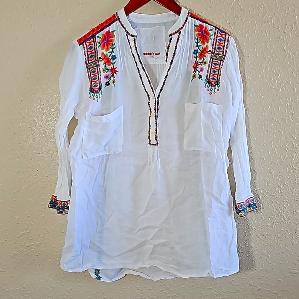 Johny Was 3J Workshop White Embroidered Top